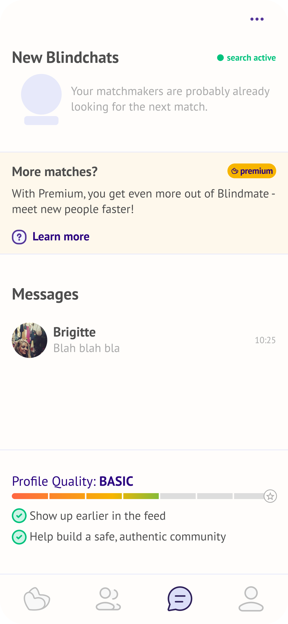 Home screen showing new Blindchats and profile quality indicator