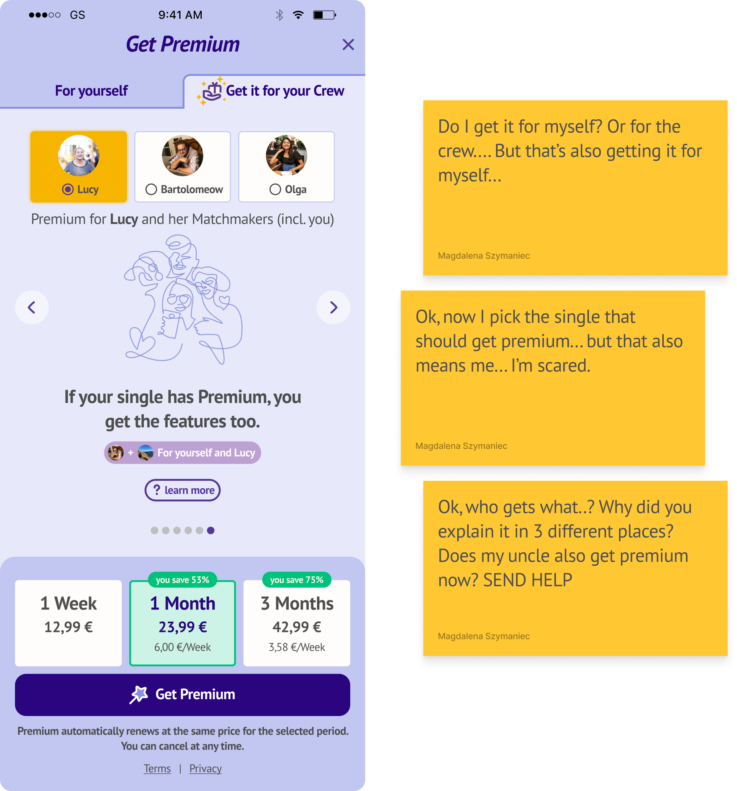 Early rejected paywall design for matchmakers — confusing three-way explanation