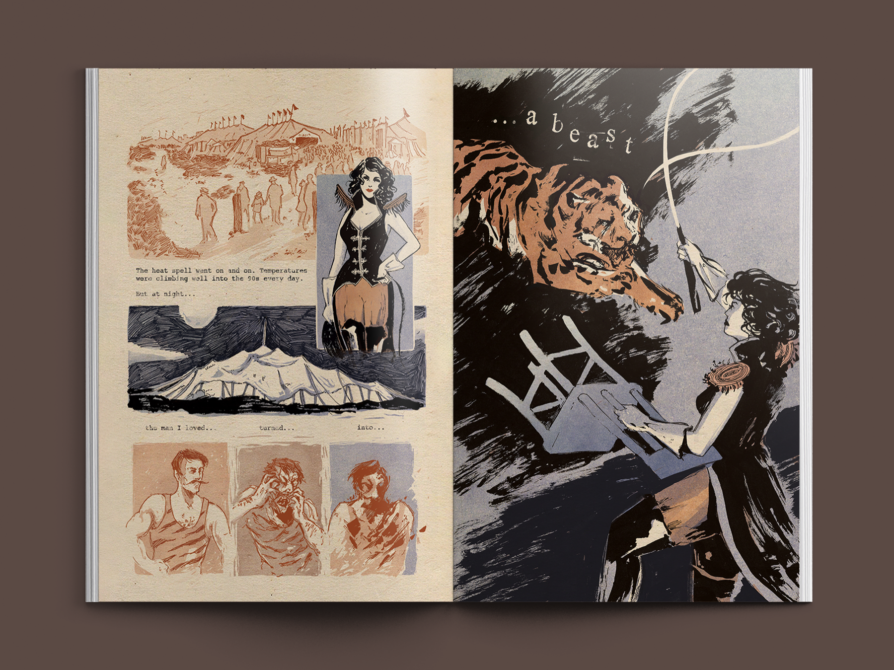 Circus comic spread — Ringling College 'Meanwhile' graphic novel anthology