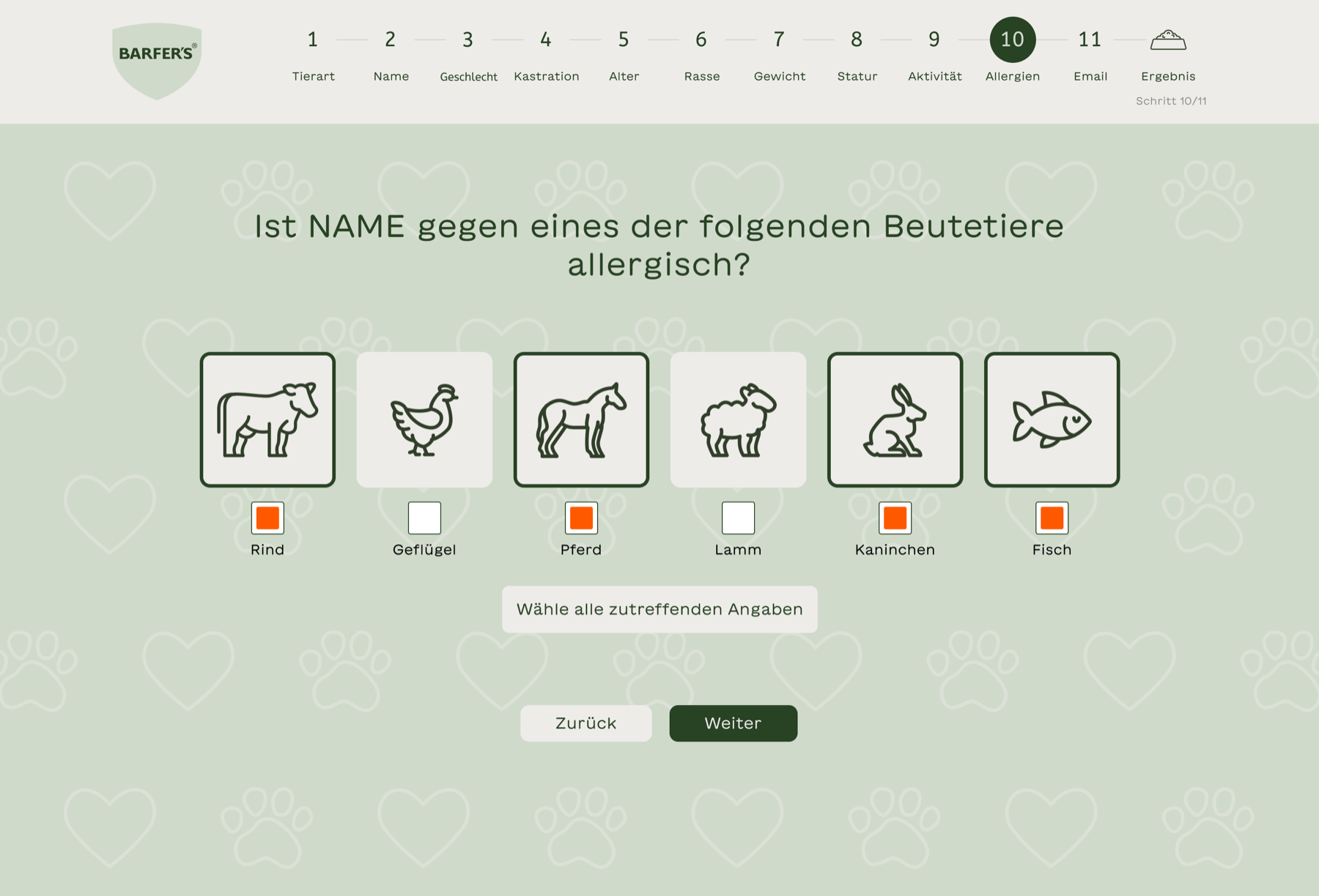 BARFER'S BARF calculator — allergy question step
